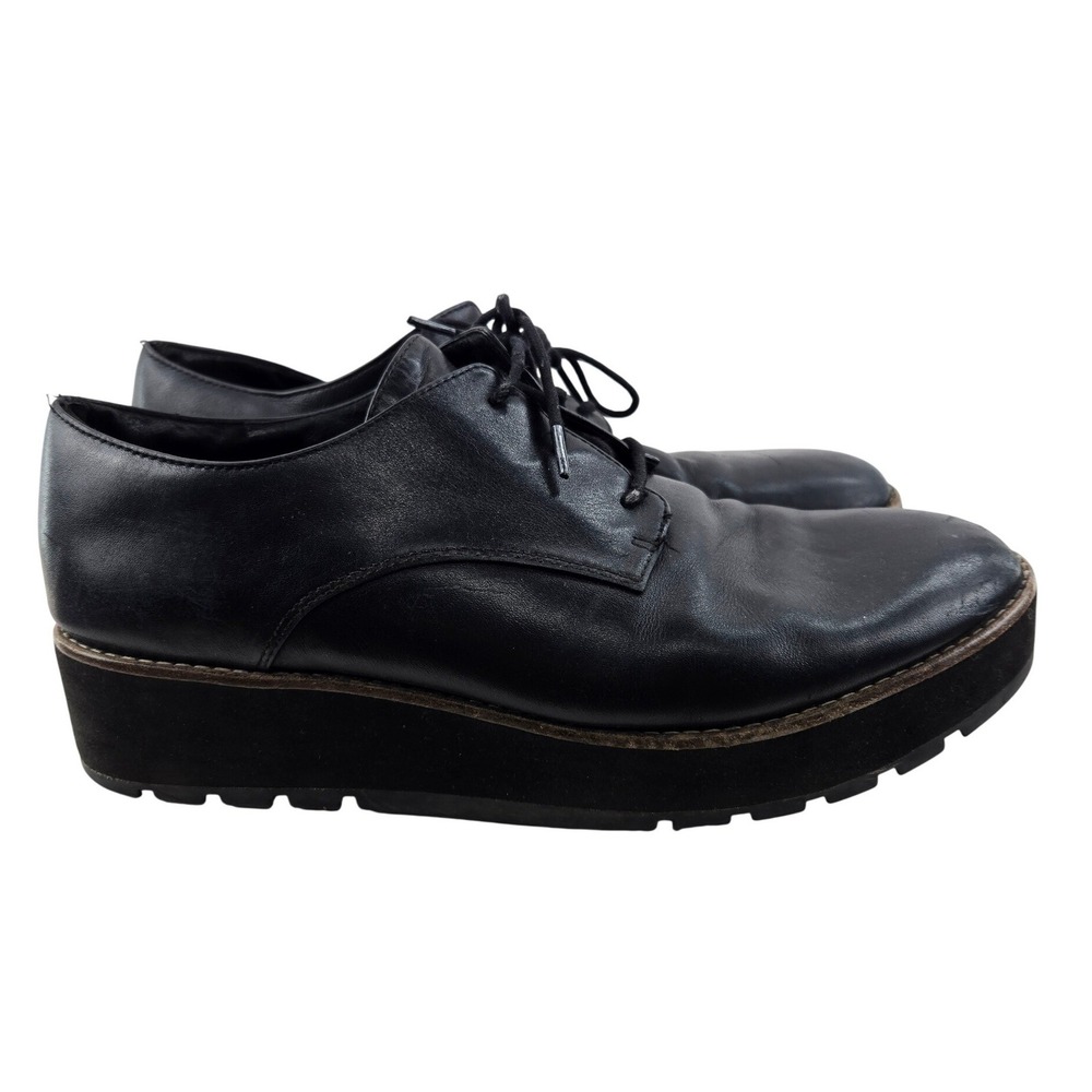 Eileen Fisher Eddy Black Leather Platform Oxford Wedge Shoes Womens 9 Academia